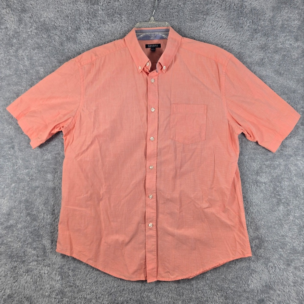 MIX&NY Mens Large Salmon Pink Gingham Short Sleeve Button Down Cotton Shirt L